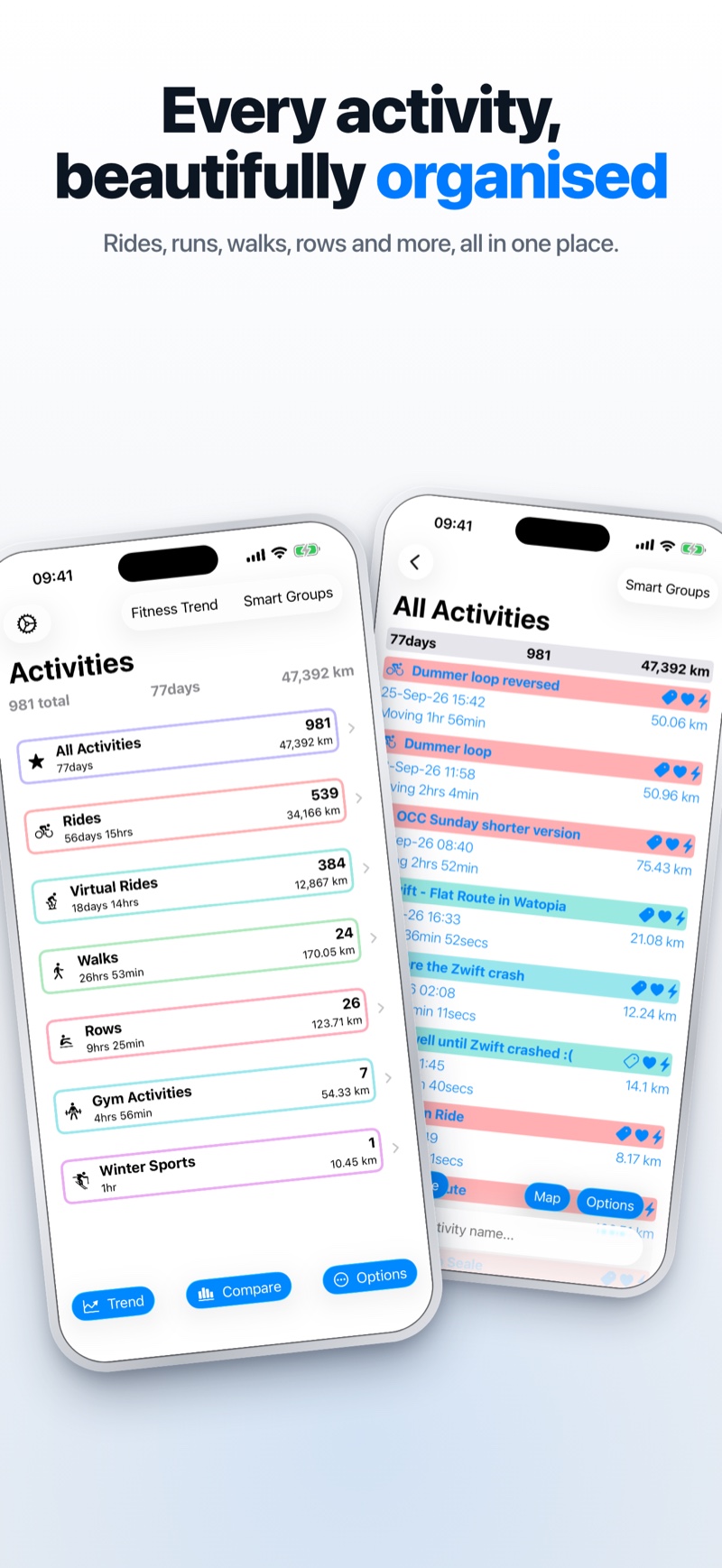 RideViewer activity list showing rides, virtual rides, walks and rows